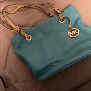 Michael Kors Teal Pebbled Leather Tote with Tan Straps